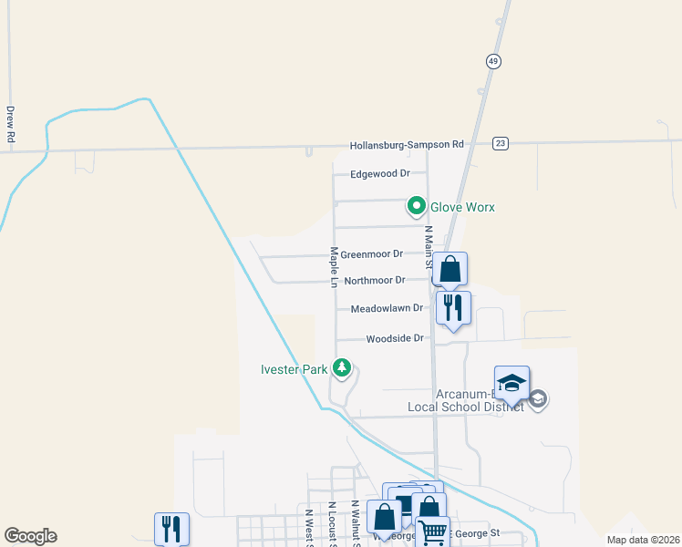 map of restaurants, bars, coffee shops, grocery stores, and more near 25 Northmoor Drive in Arcanum