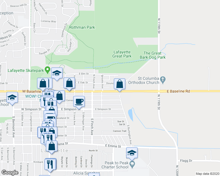 map of restaurants, bars, coffee shops, grocery stores, and more near 801 East Baseline Road in Lafayette