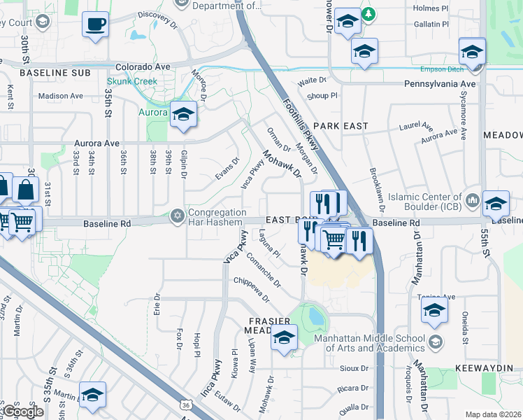 map of restaurants, bars, coffee shops, grocery stores, and more near 745 Thomas Drive in Boulder
