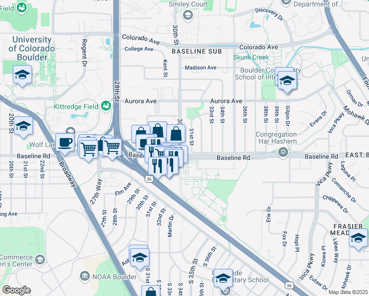 map of restaurants, bars, coffee shops, grocery stores, and more near 700 31st Street in Boulder