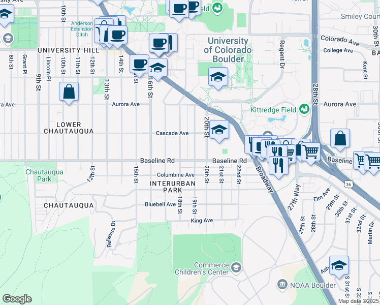 map of restaurants, bars, coffee shops, grocery stores, and more near 710 19th Street in Boulder