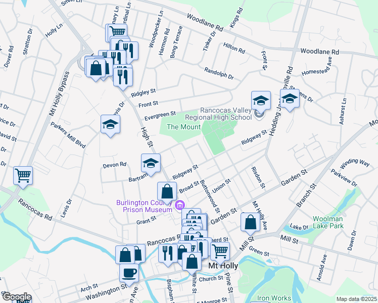 map of restaurants, bars, coffee shops, grocery stores, and more near 417 Buttonwood Street in Mount Holly