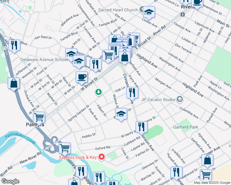 map of restaurants, bars, coffee shops, grocery stores, and more near 704 Walnut St in Palmyra