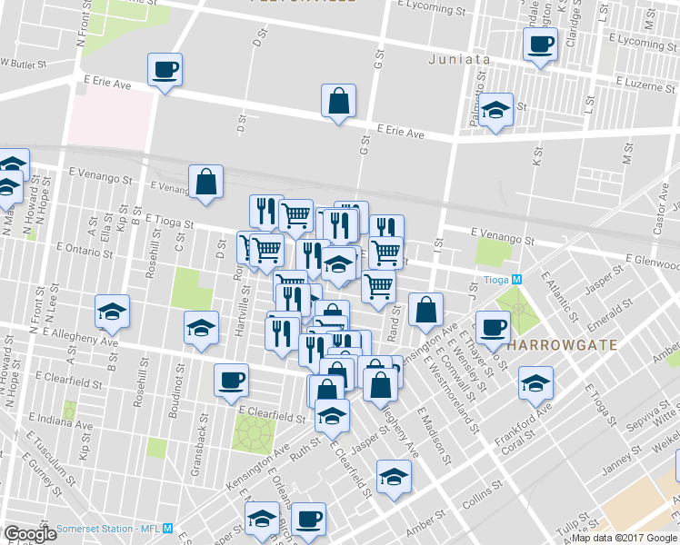 map of restaurants, bars, coffee shops, grocery stores, and more near 3410 Reach Street in Philadelphia