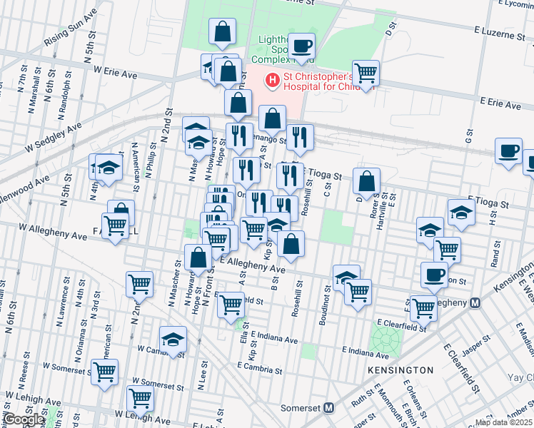 map of restaurants, bars, coffee shops, grocery stores, and more near 3333 Ella Street in Philadelphia