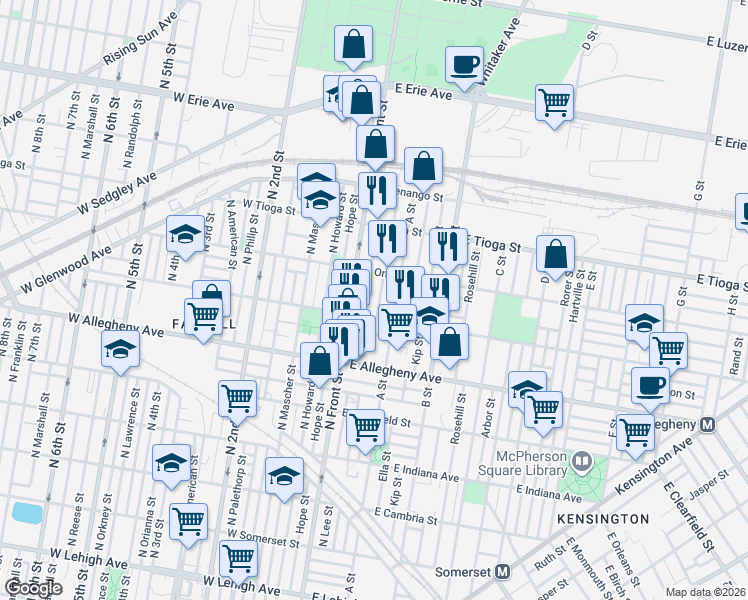map of restaurants, bars, coffee shops, grocery stores, and more near 3319 North Water Street in Philadelphia