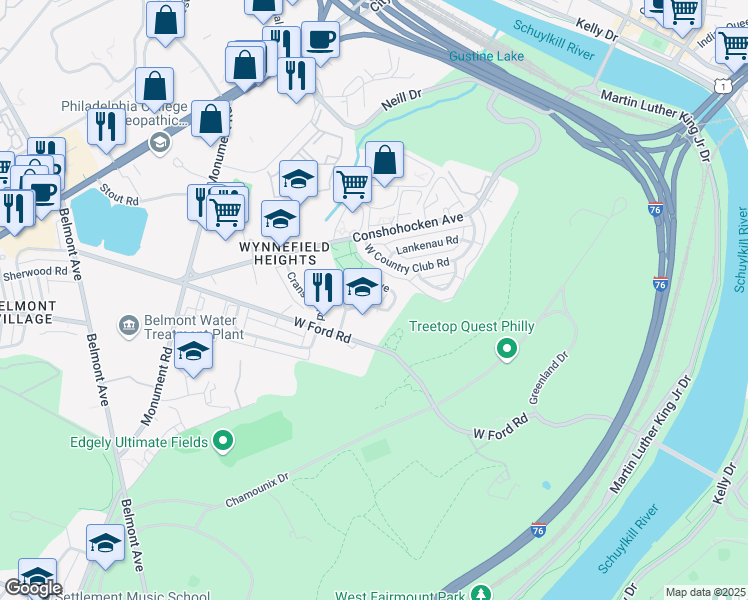map of restaurants, bars, coffee shops, grocery stores, and more near 3917 Ellington Road in Philadelphia