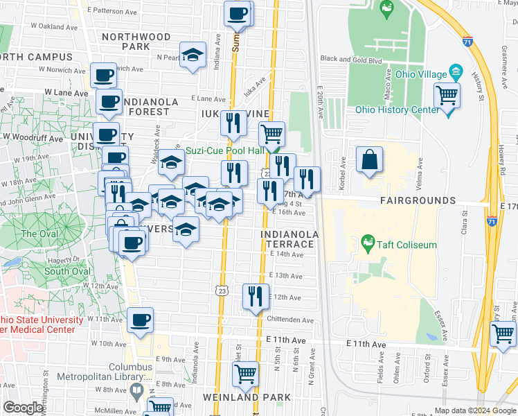 map of restaurants, bars, coffee shops, grocery stores, and more near 317 East 16th Avenue in Columbus