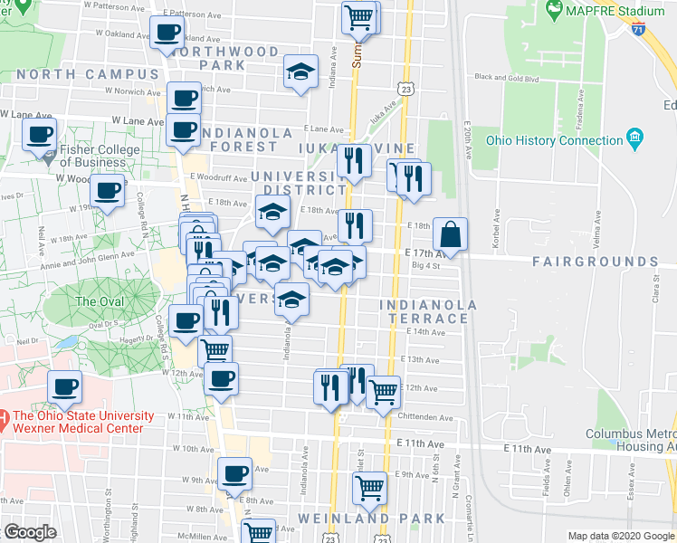 map of restaurants, bars, coffee shops, grocery stores, and more near in Columbus