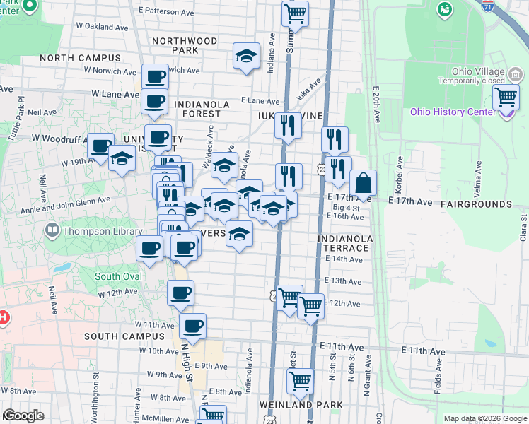 map of restaurants, bars, coffee shops, grocery stores, and more near 201 East 16th Avenue in Columbus