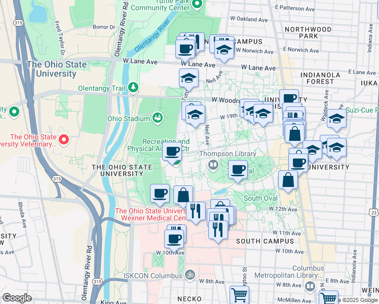 map of restaurants, bars, coffee shops, grocery stores, and more near 305 Annie and John Glenn Avenue in Columbus