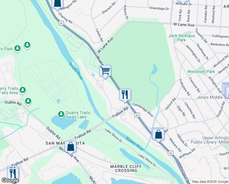 map of restaurants, bars, coffee shops, grocery stores, and more near 2201 Riverside Drive in Columbus