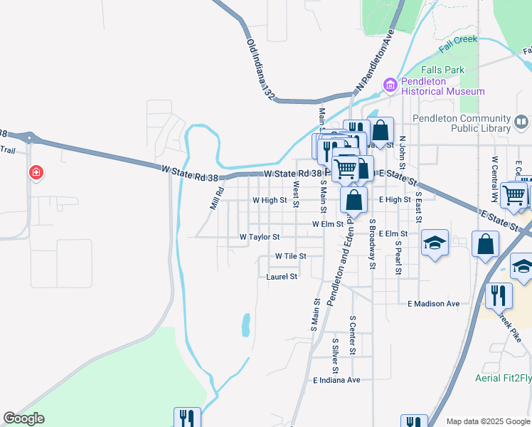 map of restaurants, bars, coffee shops, grocery stores, and more near 214 Franklin Street in Pendleton