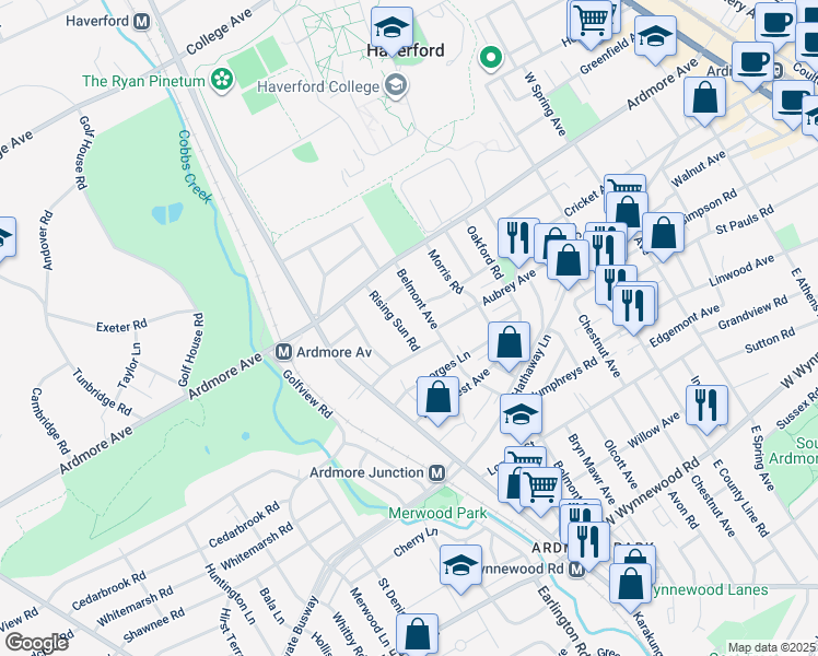 map of restaurants, bars, coffee shops, grocery stores, and more near 2919 Rising Sun Road in Ardmore