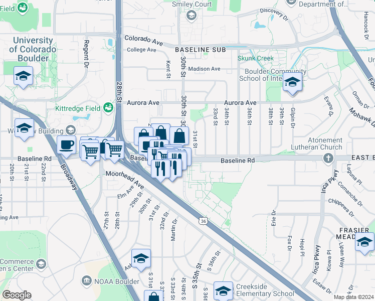 map of restaurants, bars, coffee shops, grocery stores, and more near 710 30th Street in Boulder