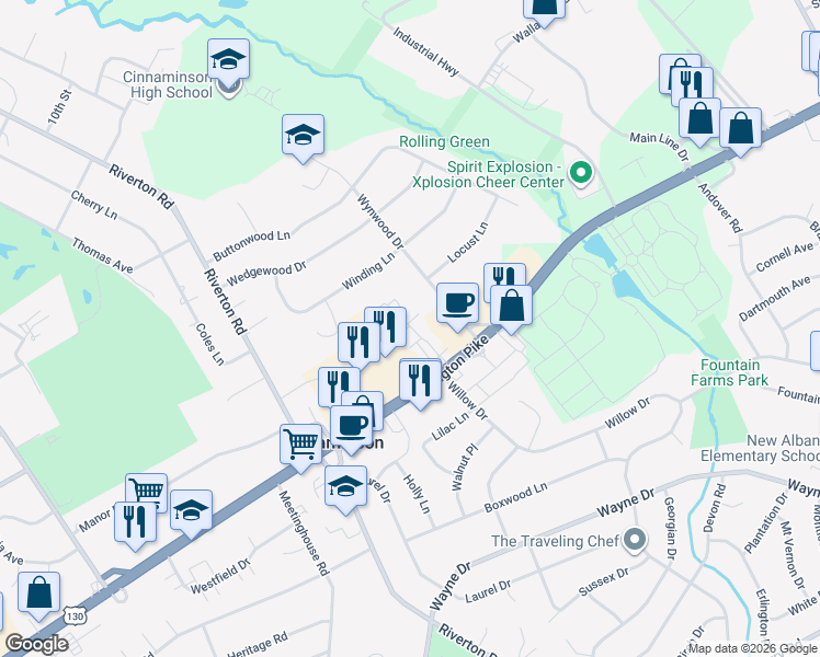 map of restaurants, bars, coffee shops, grocery stores, and more near 1002 Sweetwater Drive in Cinnaminson