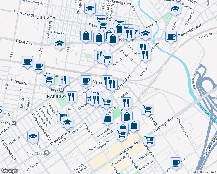 map of restaurants, bars, coffee shops, grocery stores, and more near 2020 East Glenwood Avenue in Philadelphia