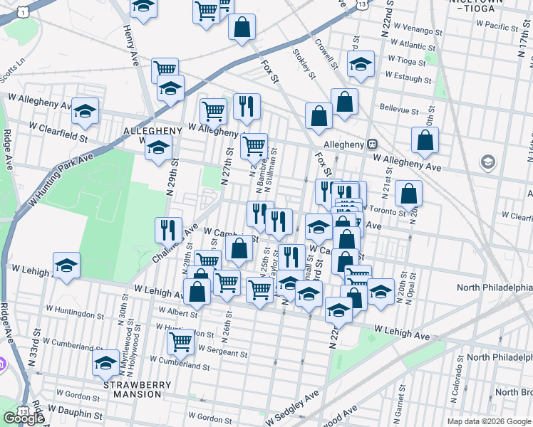 map of restaurants, bars, coffee shops, grocery stores, and more near 2949 North Bambrey Street in Philadelphia