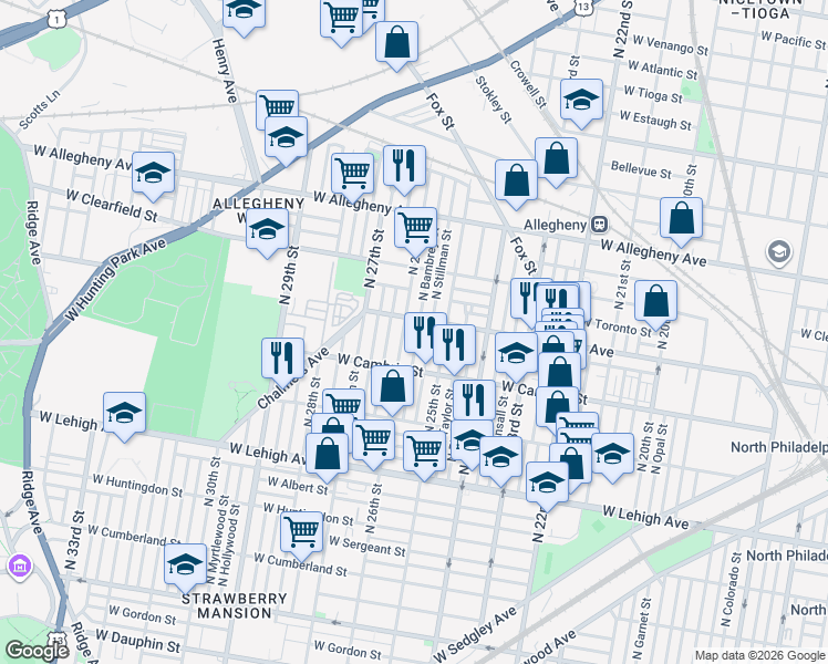 map of restaurants, bars, coffee shops, grocery stores, and more near 2949 North Bambrey Street in Philadelphia