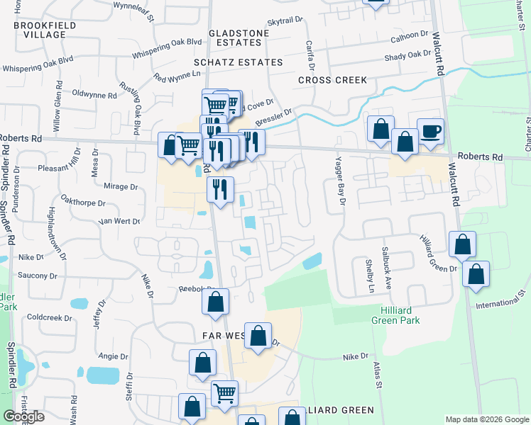 map of restaurants, bars, coffee shops, grocery stores, and more near 5340 Tansa's Lane in Hilliard