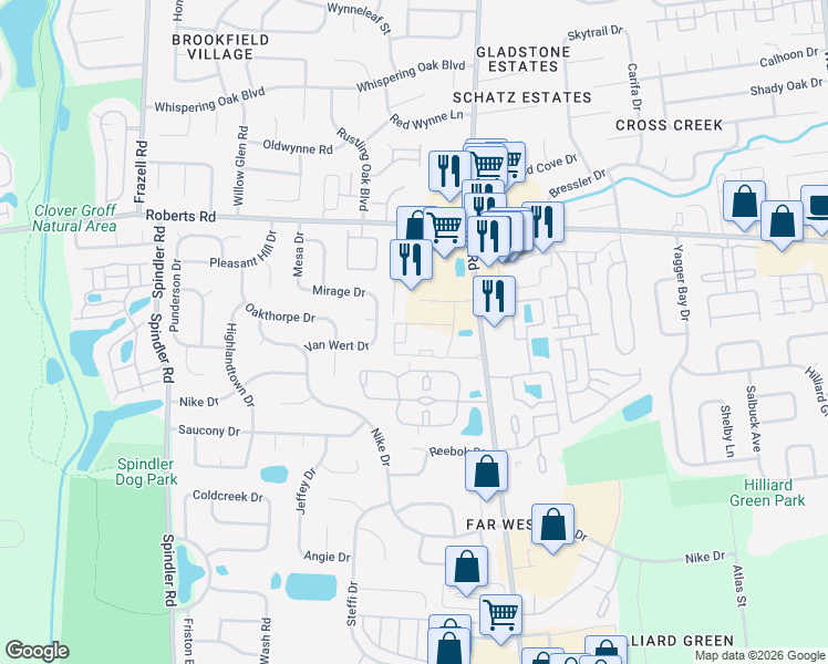 map of restaurants, bars, coffee shops, grocery stores, and more near 5410 Silverstone Way in Hilliard