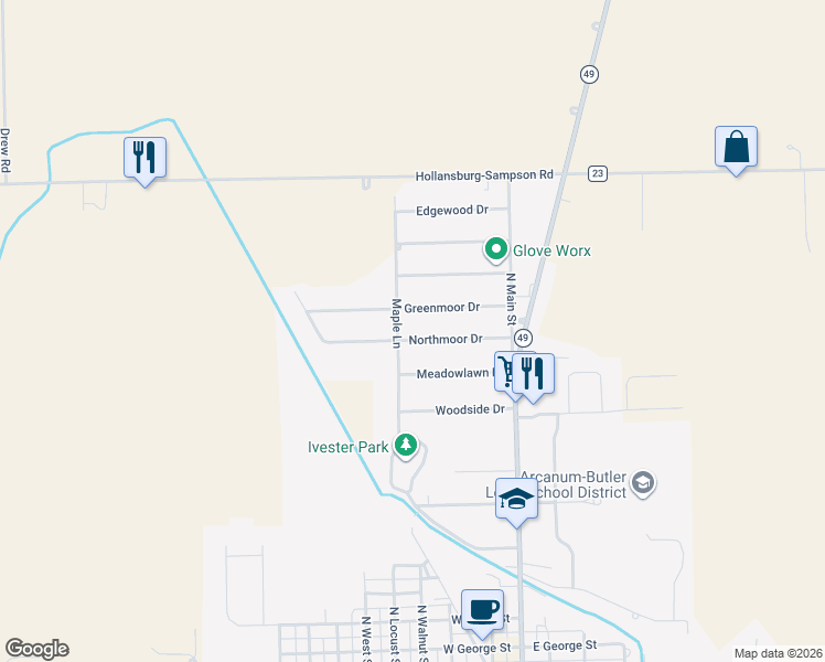 map of restaurants, bars, coffee shops, grocery stores, and more near 25 Northmoor Drive in Arcanum