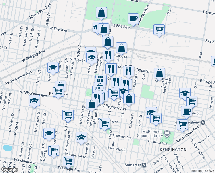 map of restaurants, bars, coffee shops, grocery stores, and more near 3319 North Water Street in Philadelphia
