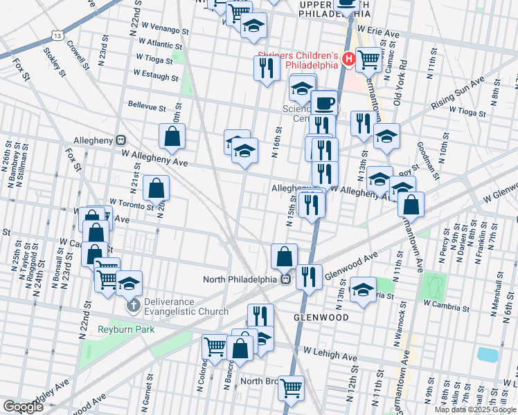 map of restaurants, bars, coffee shops, grocery stores, and more near 3103 North Bancroft Street in Philadelphia