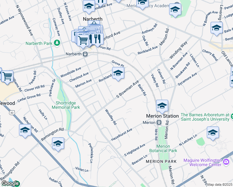 map of restaurants, bars, coffee shops, grocery stores, and more near 615 South Bowman Avenue in Merion Station