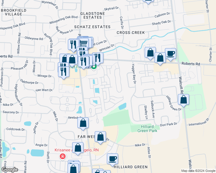 map of restaurants, bars, coffee shops, grocery stores, and more near 5340 Tansa's Lane in Hilliard