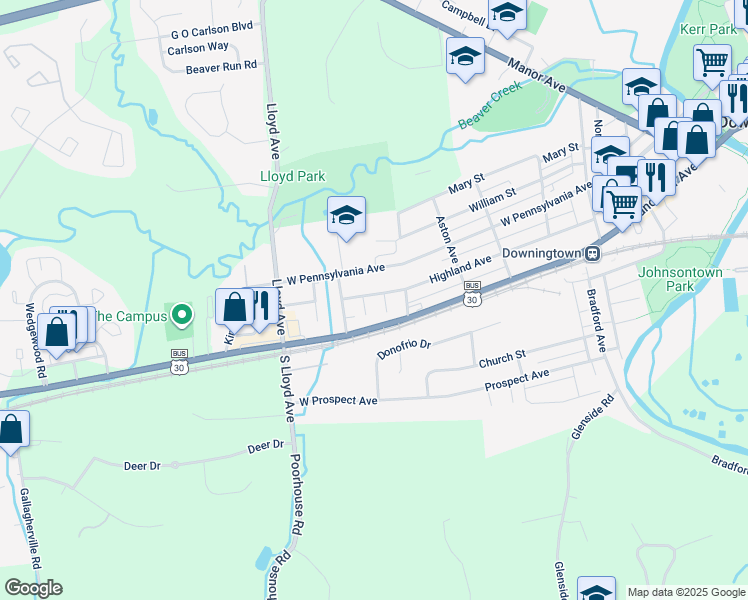 map of restaurants, bars, coffee shops, grocery stores, and more near 610 Highland Avenue in Downingtown