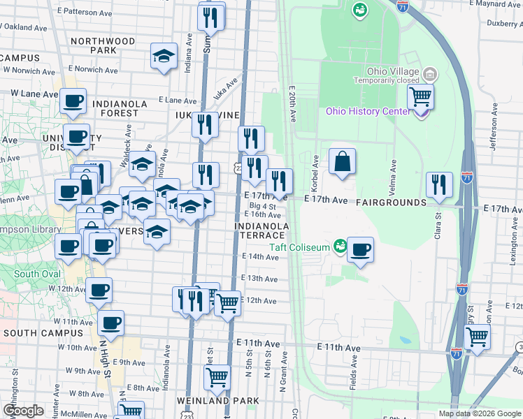 map of restaurants, bars, coffee shops, grocery stores, and more near 400 East 16th Avenue in Columbus