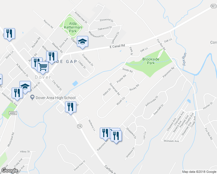 map of restaurants, bars, coffee shops, grocery stores, and more near 1915 Aldon Drive in Dover