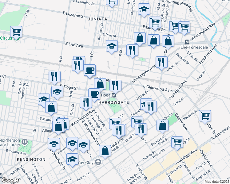 map of restaurants, bars, coffee shops, grocery stores, and more near 3500 Kensington Avenue in Philadelphia