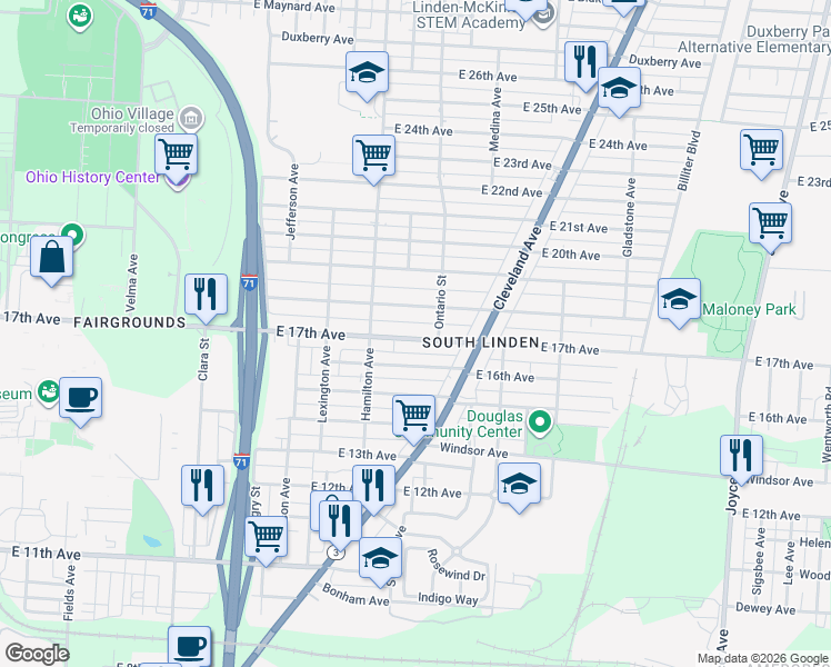 map of restaurants, bars, coffee shops, grocery stores, and more near 1088 East 17th Avenue in Columbus