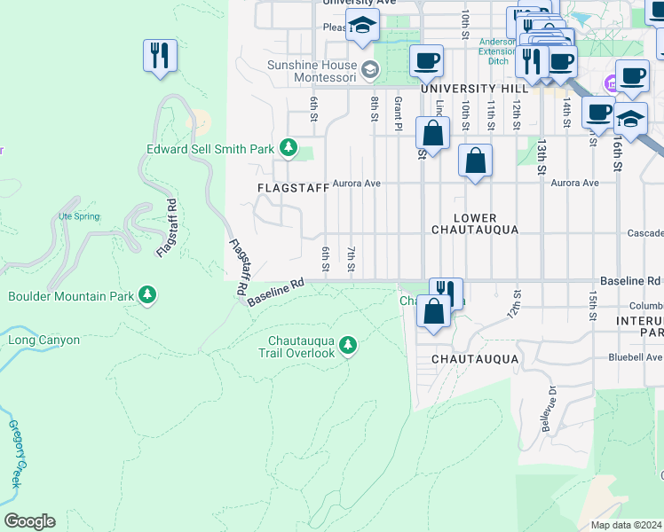 map of restaurants, bars, coffee shops, grocery stores, and more near 730 6th Street in Boulder