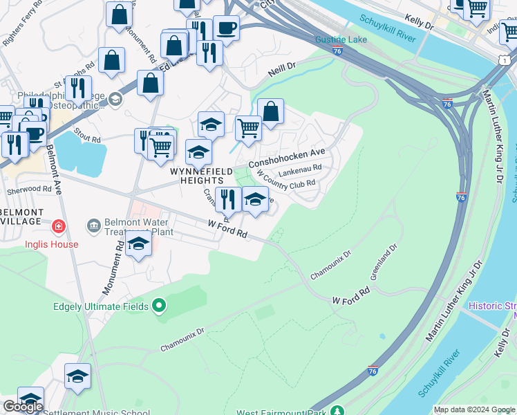 map of restaurants, bars, coffee shops, grocery stores, and more near 3931 Ellington Road in Philadelphia