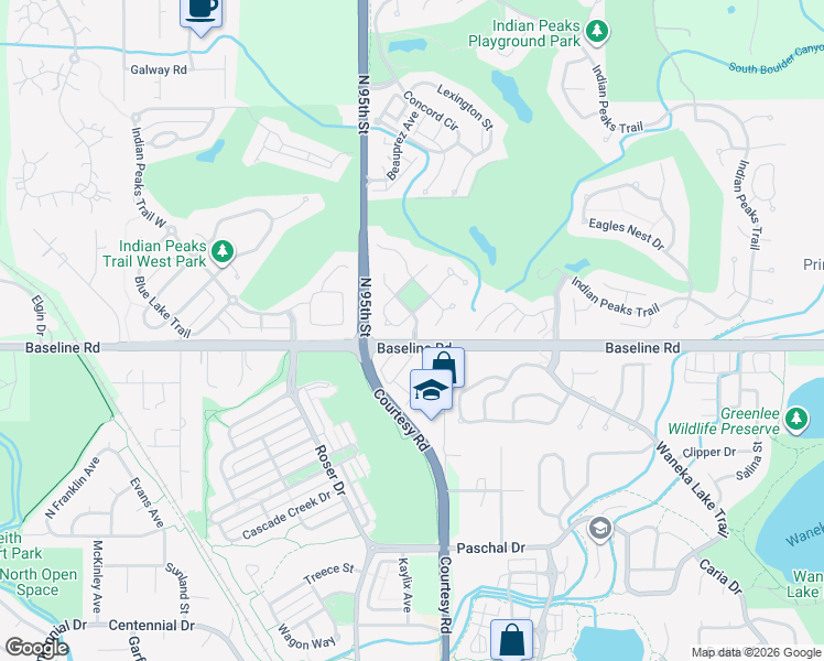 map of restaurants, bars, coffee shops, grocery stores, and more near 716 North 95th Street in Lafayette