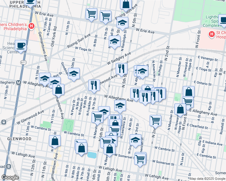 map of restaurants, bars, coffee shops, grocery stores, and more near 3233 North Fairhill Street in Philadelphia