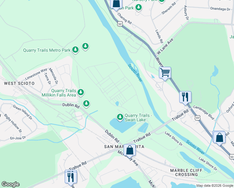 map of restaurants, bars, coffee shops, grocery stores, and more near 2126-2140 Dublin Road in Columbus