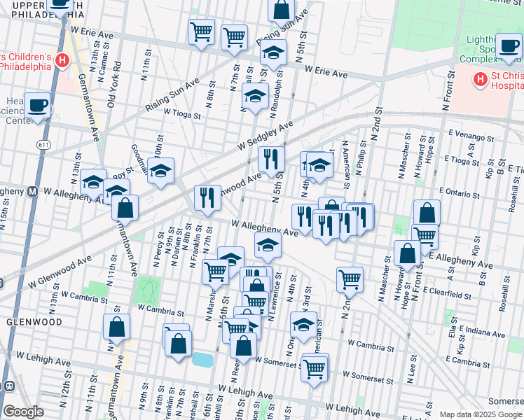 map of restaurants, bars, coffee shops, grocery stores, and more near 3232 North Reese Street in Philadelphia