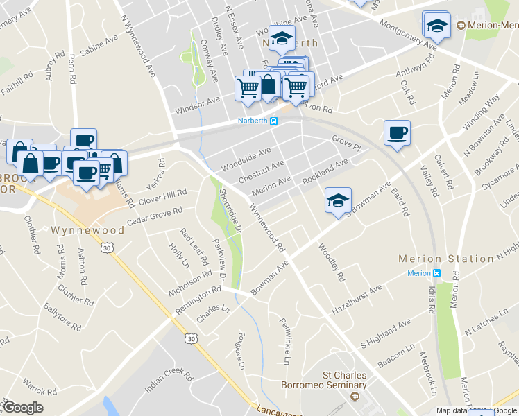 map of restaurants, bars, coffee shops, grocery stores, and more near 501 East Wynnewood Road in Merion Station