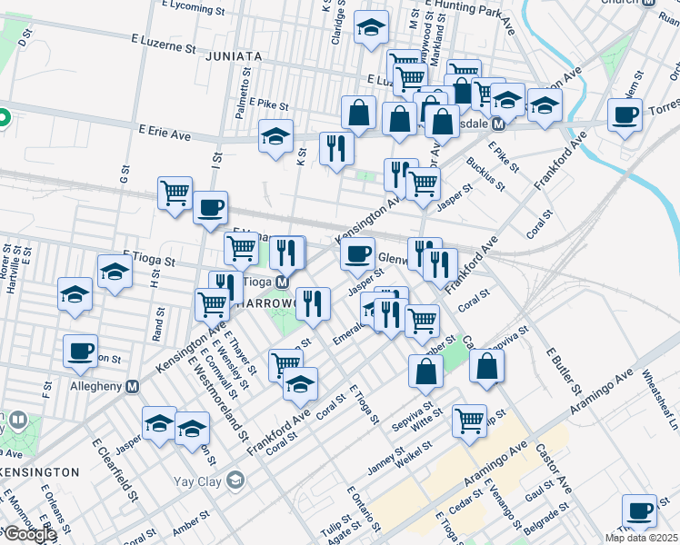 map of restaurants, bars, coffee shops, grocery stores, and more near 1822 East Venango Street in Philadelphia