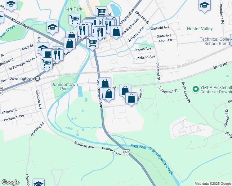 map of restaurants, bars, coffee shops, grocery stores, and more near 198 Boot Road in Downingtown