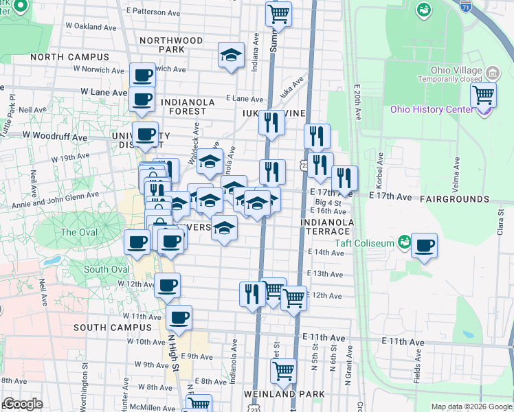 map of restaurants, bars, coffee shops, grocery stores, and more near 243 East 16th Avenue in Columbus