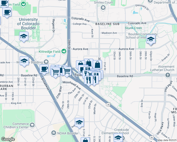 map of restaurants, bars, coffee shops, grocery stores, and more near 2935 Baseline Road in Boulder