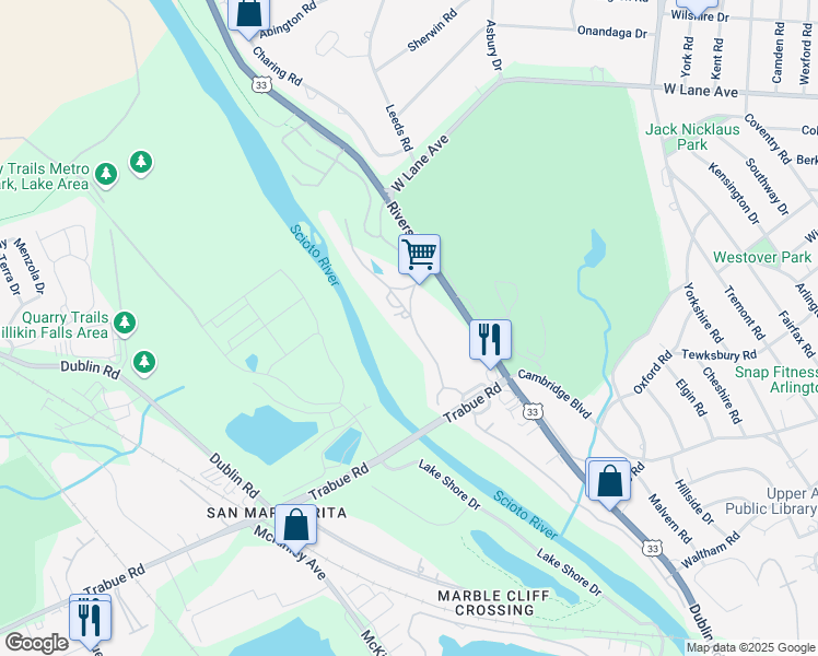 map of restaurants, bars, coffee shops, grocery stores, and more near 2295 Lane Woods Drive in Columbus