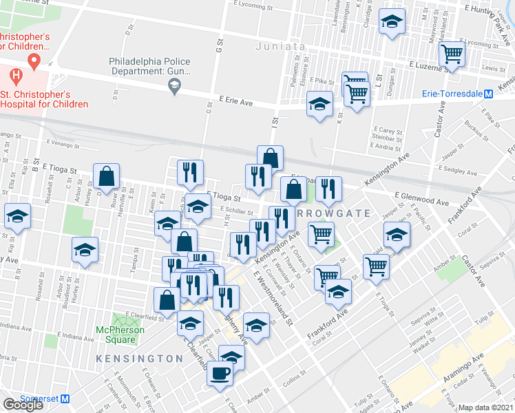 map of restaurants, bars, coffee shops, grocery stores, and more near 960 East Tioga Street in Philadelphia