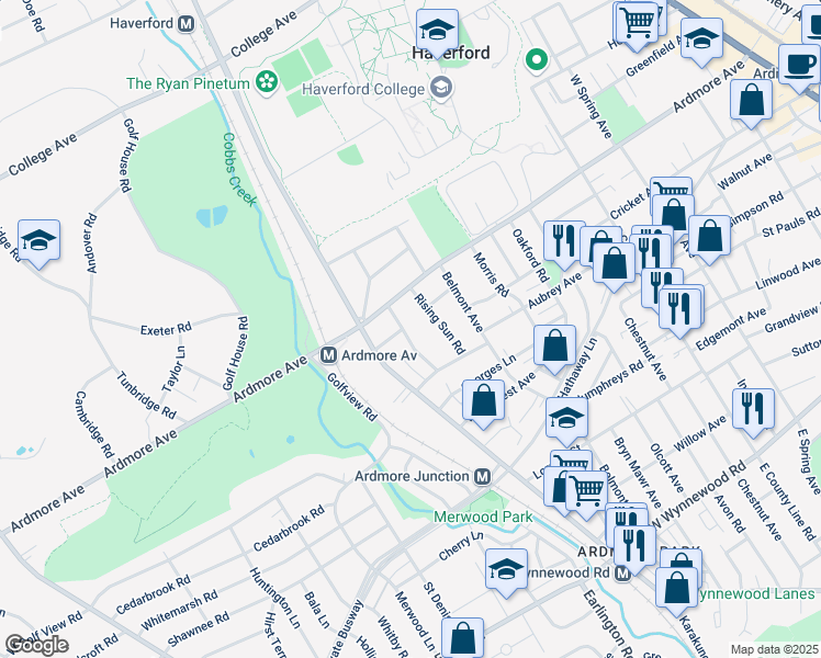 map of restaurants, bars, coffee shops, grocery stores, and more near 2935 Mapleshade Road in Ardmore
