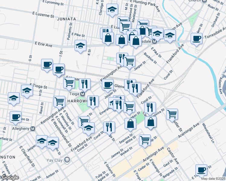 map of restaurants, bars, coffee shops, grocery stores, and more near 3632 Jasper Street in Philadelphia